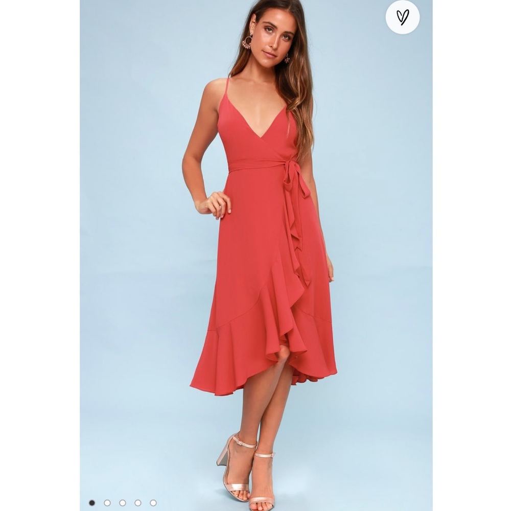 NWT Lulus Manhattan Moment Berry Pink Ruffled Midi Wrap Dress
